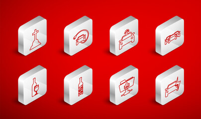Set line Electric car, Police and flasher, Cars, FTP folder upload, Tombstone with cross, Bottle of wine and Wine bottle glass icon. Vector