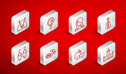 Set line Montjuic castle, Omelette in frying pan, Spanish woman, guitar, Orange fruit, Bull, Churros and chocolate and Earrings icon. Vector