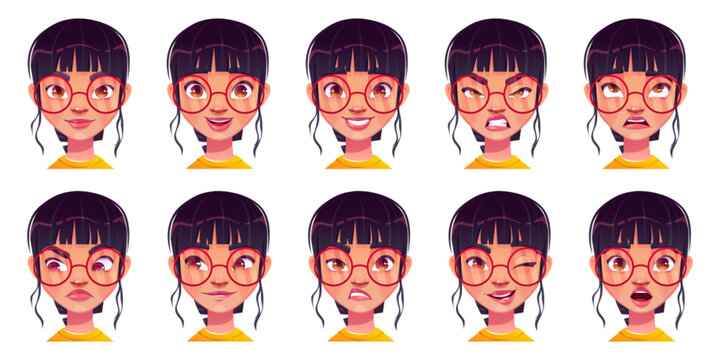 Girl face avatar with different emotion expression icon set. Woman character happy, sad, angry and surprise cartoon portrait isolated on white background. Wow and upset profile portrait illustration.