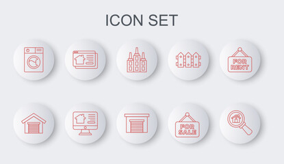 Set line Search house, Garage, Skyscraper, Hanging sign with For Sale, Washer, Online real estate, and icon. Vector