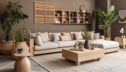 Modern interior of open space with design modular sofa, furniture, wooden coffee tables, plaid, pillows, tropical plants and elegant personal accessories in stylish home decor.,Generative Ai