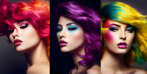 fashion trendy photo of models of three young girls of model European appearance for advertising with bright make-up and creative colors in clothes with colored hair. banner Generative AI