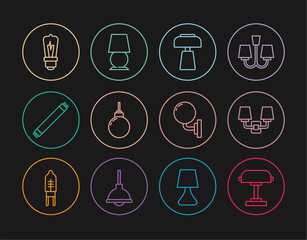 Set line Table lamp, Wall or sconce, Lamp hanging, Fluorescent, Light bulb, and icon. Vector