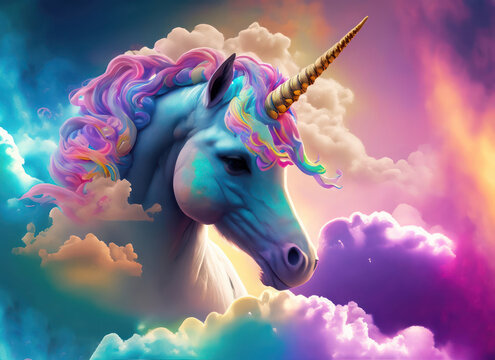 Un portrait de licorne dans les nuages color&eacute;s - generative AI