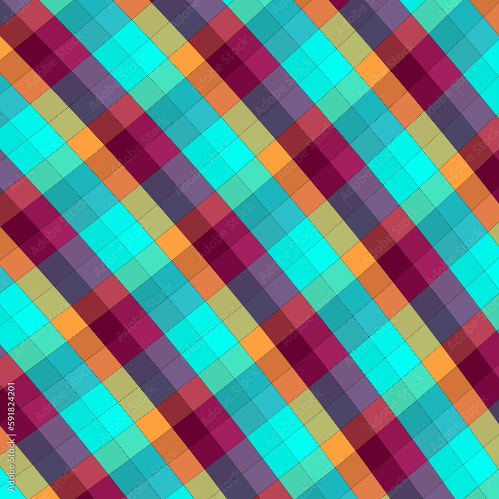 Poster illustration of an abstract, decorative background design with a bright-colored checks pattern
