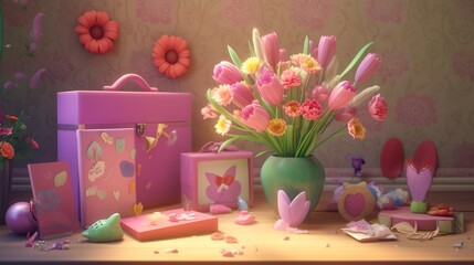 Elegant Spring and Summer Gift Concept: Pink Flowers and Paper Heart on a Vibrant Pastel Backdrop, Mother's Day Gift
