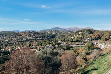 View from the medieval village of Saint Paul de Vence to the mountains and neighboring communes of Provence.