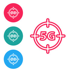 Red line 5G new wireless internet wifi connection icon isolated on white background. Global network high speed connection data rate technology. Set icons in circle buttons. Vector