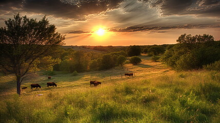 Fototapeta premium Afternoon in Green Field with Animals, Tranquil Landscape, Dry and Green Grass. Generative AI