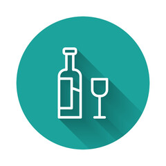 White line Wine bottle with glass icon isolated with long shadow. Green circle button. Vector