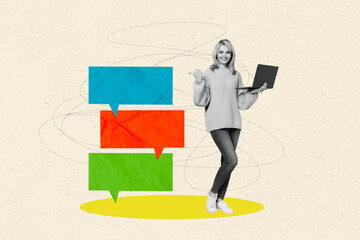 Composite photo collage of middle age lady use netbook communicate coworkers online part time job sms income isolated on beige background