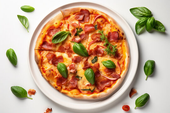 pizza on a white plate on an isolated white background