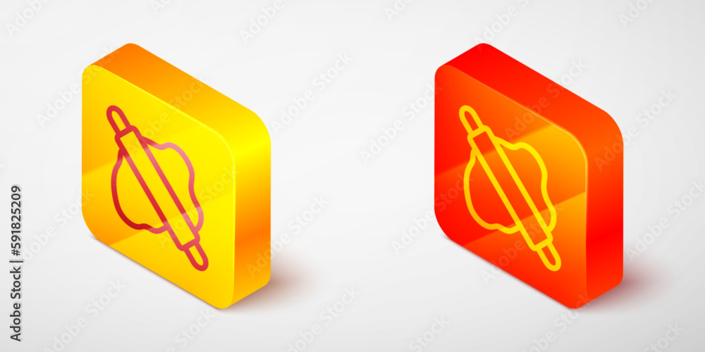 Poster isometric line rolling pin on dough icon isolated on grey background. yellow and orange square butto