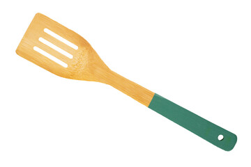 One wooden kitchen spoon isolated on white background, macro, top view.