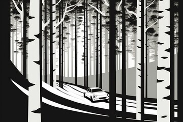 car driving through a vibrant forest landscape. Generative AI