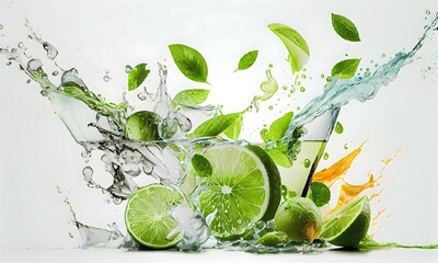 Fototapeta na wymiar Water splash with lime slices on white background, mint leaves, and ice cubes as a concept for summertime libations. Generative AI