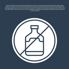 Blue line No alcohol icon isolated on blue background. Prohibiting alcohol beverages. Forbidden symbol with beer bottle glass. Vector
