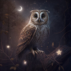 Magic woodland owl at starry night sky. Fairy bird in fantasy forest. Generative AI