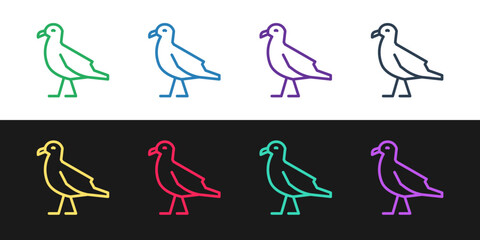 Set line Bird seagull icon isolated on black and white background. Vector