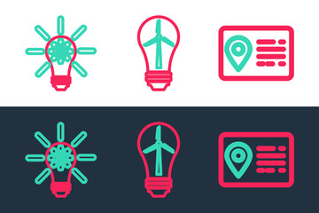 Set line Address book, Light bulb with gear and wind turbine icon. Vector