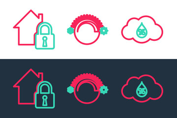 Set line Humidity, House under protection and Thermostat icon. Vector