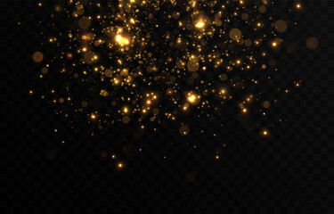 Vector gold sparkles on an isolated transparent background. Atomization of golden dust particles png. Glowing particles png. Gold dust. Light effect.