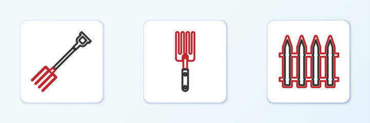 Set line Garden fence, pitchfork and icon. Vector