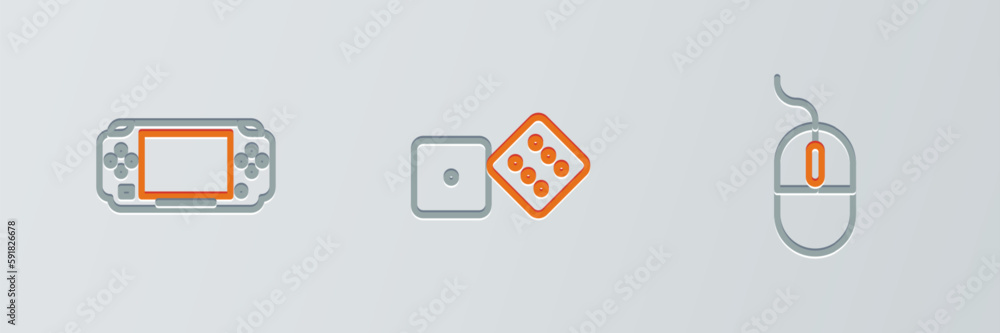 Poster set line computer mouse, portable video game console and game dice icon. vector