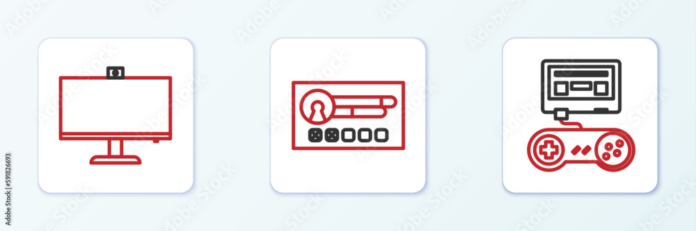 Poster set line game console with joystick, computer monitor and create account screen icon. vector