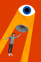 Creative collage of young excited guy protect himself spying society hold parasol stop watching...