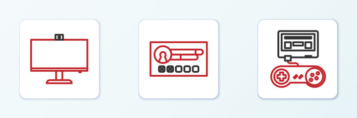 Set line Game console with joystick, Computer monitor and Create account screen icon. Vector