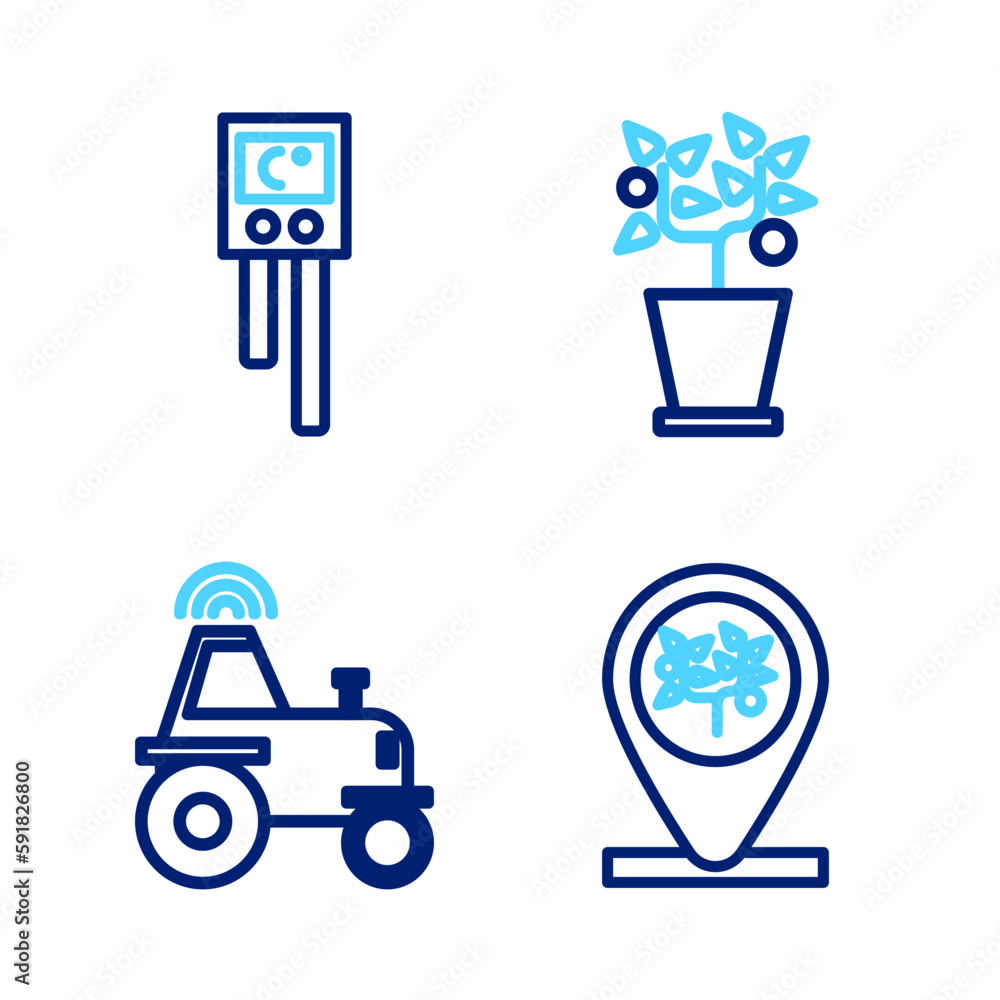 Poster set line location and tree, wireless tractor smart farm, plant in pot and temperature humidity senso