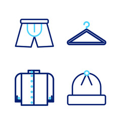 Set line Winter hat, T-shirt, Hanger wardrobe and Men underpants icon. Vector