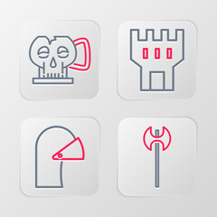 Set line Medieval axe, iron helmet, Castle tower and Cup from the skull icon. Vector