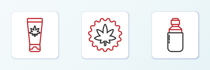 Set line Marijuana or cannabis olive oil, Medical cream with marijuana and leaf icon. Vector