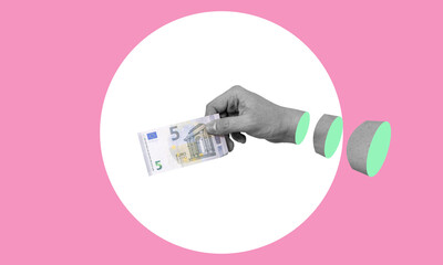 Art collage, hands with money, with five euros on a pink background.