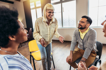 Support group patients on therapy session.Group therapy session, addiction treatment or team building.