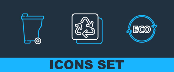 Set line Label for eco healthy food, Trash can and Recycle icon. Vector