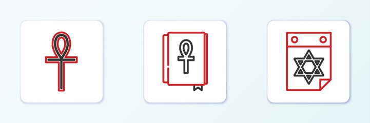 Set line Jewish calendar, Cross ankh and book icon. Vector
