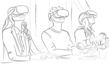 Three people playing with VR in an office vector storyboard