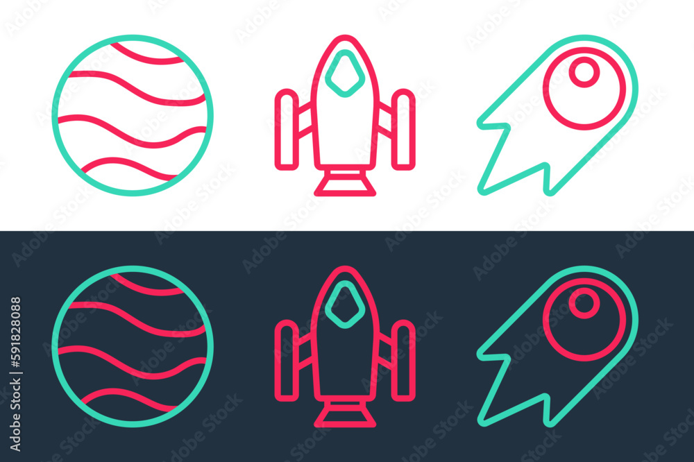 Poster set line comet falling down fast, planet and rocket ship icon. vector