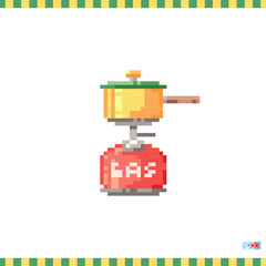 Pixel art gas stove icon. Vector 8 bit style illustration of travel stove for cooking food. Decorative travel element of retro video game computer graphic for game asset, sprite, sticker or web.