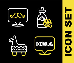 Set line Tequila bottle with lemon, Hola, Pinata and Mustache icon. Vector