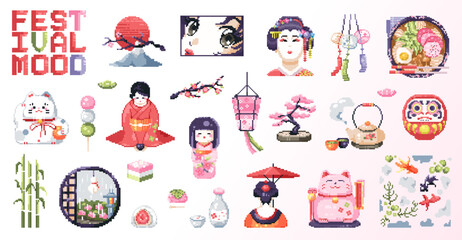 Pixel art cute spring japanese festival clip art pack. 8 bit vintage video game tradition style decorations set - geisha, sakura, kimono, lucky neko, anime, kimono girl. Vector pixel art stickers.	