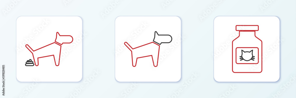 Sticker set line cat medicine bottle, dog pooping and icon. vector