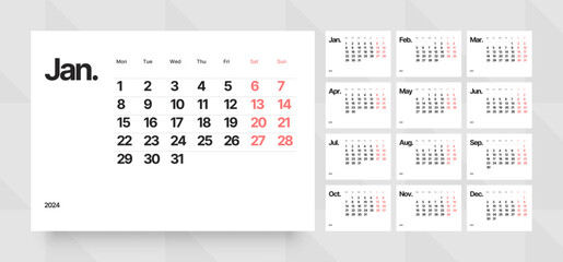 Monthly calendar template for 2024 year. Wall calendar grid in a minimalist style. Week Starts on Monday. 