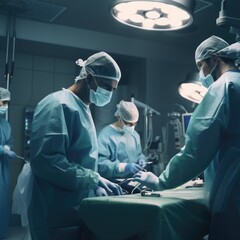 Busy caucasian surgeons with face masks preparing at surgery, created using generative ai technology