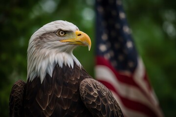 Obraz premium Memorial Day, Bald Eagle, American Flag, Generative AI