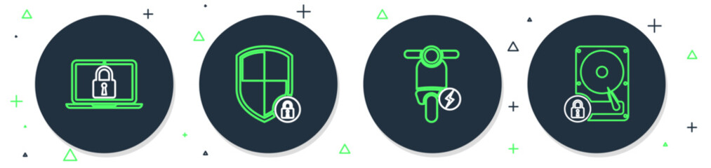 Set line Shield security with lock, Electric scooter, Laptop and and Hard disk drive icon. Vector