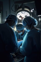 Obraz na płótnie Canvas Busy diverse surgeons with face masks at surgery, created using generative ai technology